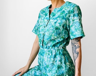 Vintage, 60s, 1960s, Green, Painterly, Button Front, Short Sleeve, Elastic Waist, Dress - Sz. S