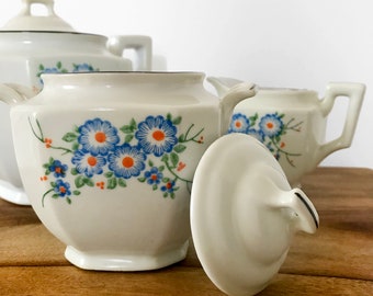 Vintage, 60s, 70s, Made in Japan, Japanese, Blue, Red, White, Floral, Teapot, Creamer, Sugar, Tea-Service Set, Pottery, Ceramic, Tea Set