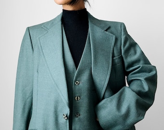 Vintage, 70s 80s, Green, Wool, Button-Front, Vest, Jacket, Suit, Set - Sz. M/L