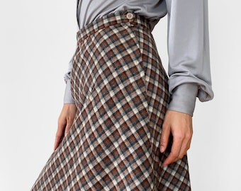 Vintage, Rust, Grey, Off-White, Plaid, Wool-Blend, High-Waisted, Side-Button, Midi-Length, A-Line, Skirt