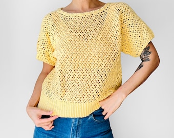 Vintage, 70s, 1970s, 80s, 1980s, Canary, Yellow, Short Sleeve, Knit, Top - Sz. S/M