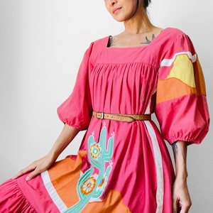 Vintage, 70s, 80s, Pink, Cactus Motif, Cotton, Prairie, Dress - Sz. S/M