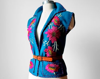 Vintage, 70s, 1970s, Turquoise, Floral, Embroidered, Wool, Vest - Sz. XXS / XS