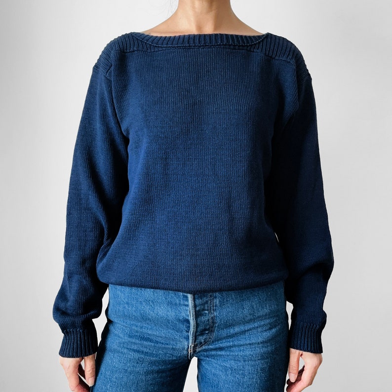 Vintage, 80s, Made in Canada, Navy, Blue, Well-Worn, Boat-Neck, Military, Naval, Style, Cotton, Knit, Sweater Sz. S image 2