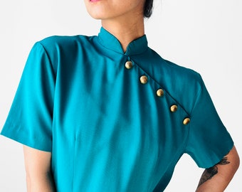 S/M - Vintage, 90s, 1990s, Made in Canada, Teal, Gold-Button, Asian Style, Cheongsam, Dress
