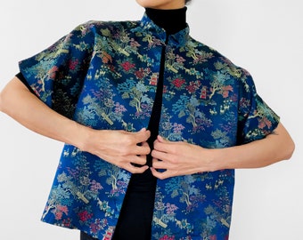 Vintage, 60, 1960s, Blue, Asian, Chinoiserie, Patterned, Short-Waisted, Open-Front, Jacket - S/M