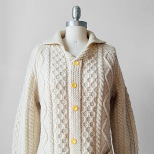 Vintage, 70s, 1970s, Chunky, Cream, Wool, Cable-Knit, Faux Cardi, Handmade, Pullover, Sweater - Sz. S/M