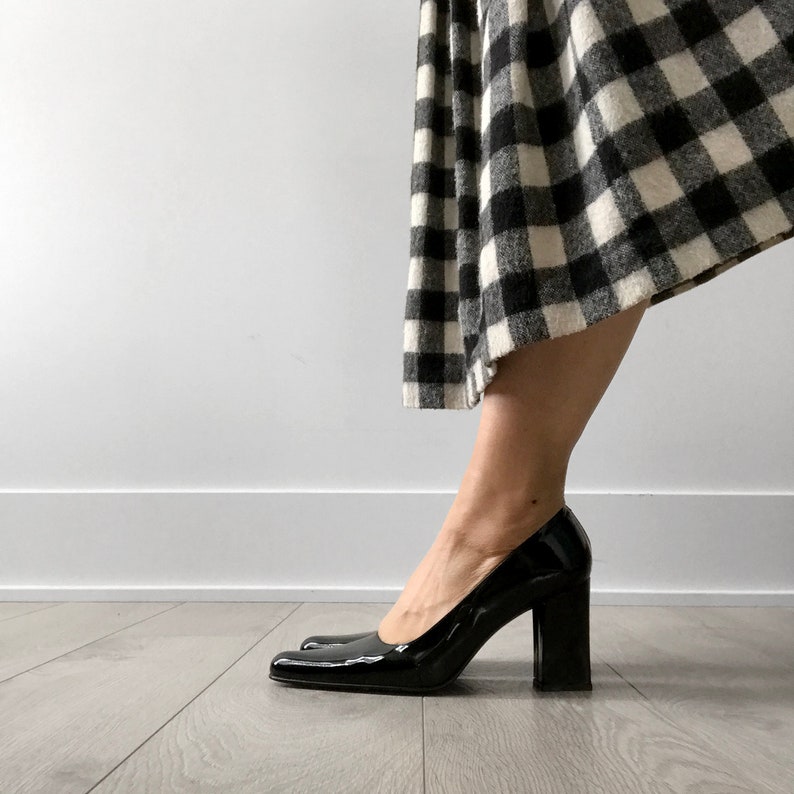 Chunky-Heel 90/'s Heeled Vintage Heels Shoe Black Shiny 1990/'s Leather Pumps Made in Spain