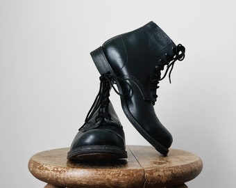 Vintage, 40s, 50s, Well-Worn, Black, Leather, Military, Combat, Lace-Up, Tap Dance, Boots - Sz. 39