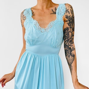 Vintage, 60s, 1960s, Blue, Turquoise, Lace, Sweetheart, Neck, Belted, Slip, Night, Dress - S/M