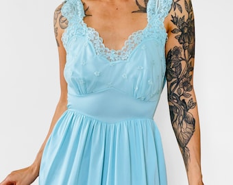 Vintage, 60s, 1960s, Blue, Turquoise, Lace, Sweetheart, Neck, Belted, Slip, Night, Dress - S/M