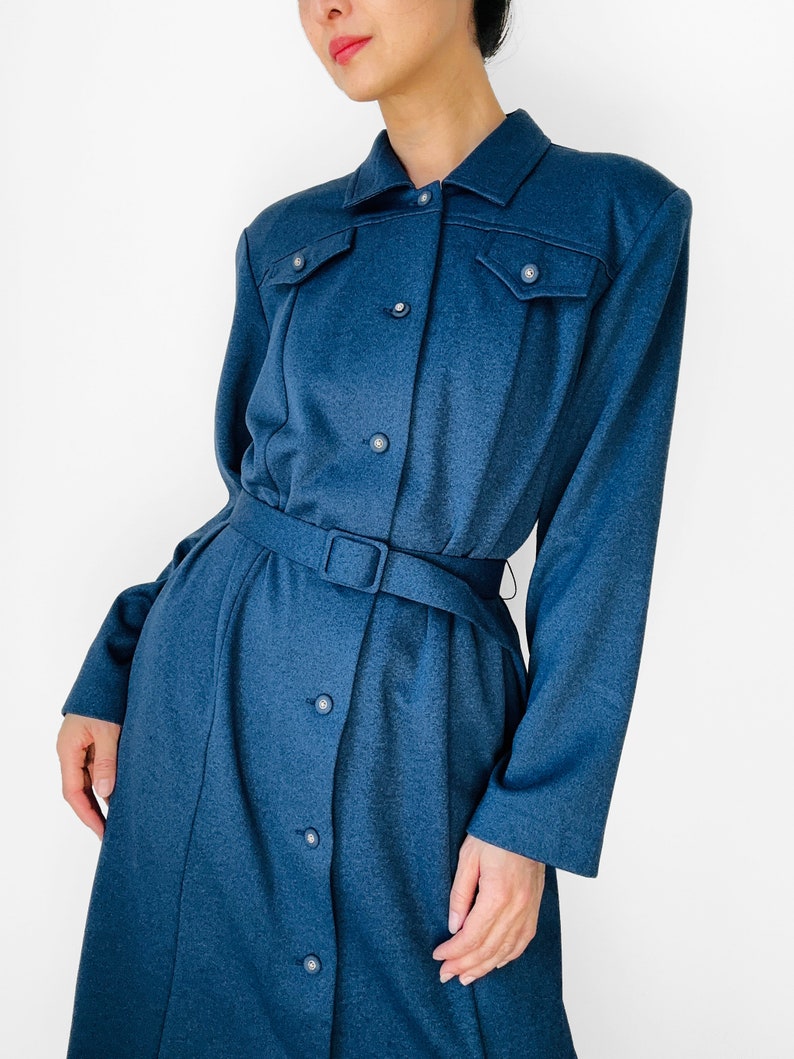 Vintage, 70s, 1970s, Navy, Blue, Button-Front, Belted, Midi-Length, Long Sleeve, Collared, Shirt, Dress S/M image 8