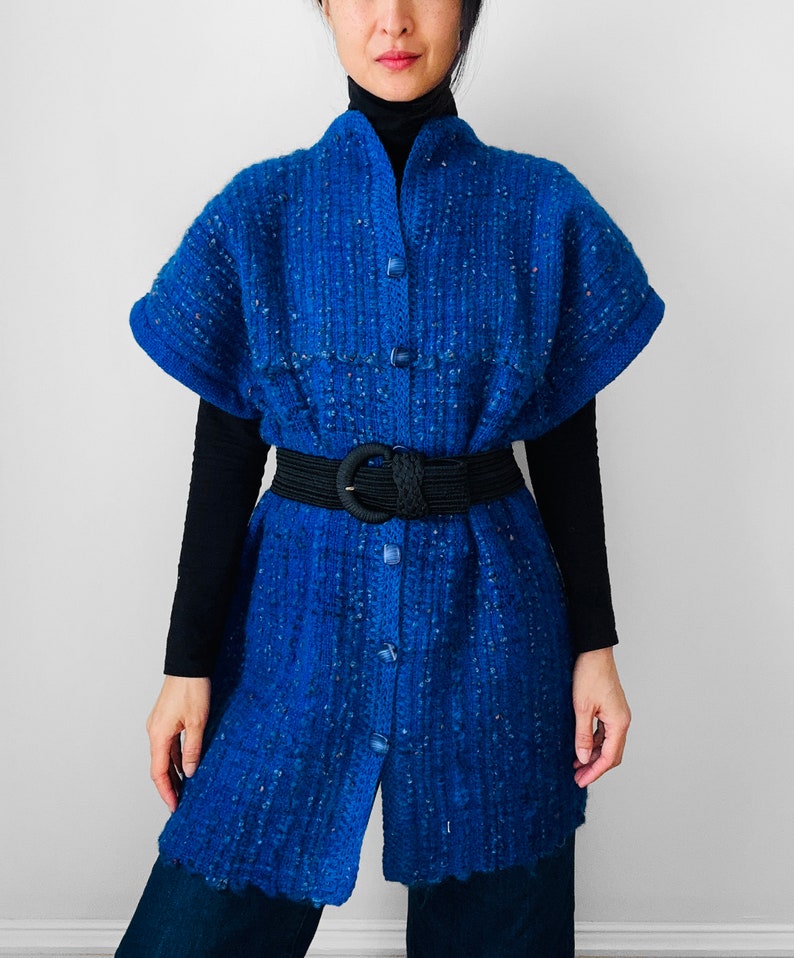 Indigo, Blue, Heavy, Loomed, Wool, Button, Front, Sleeveless, Tunic, Knit, Sweater, Cardigan image 5