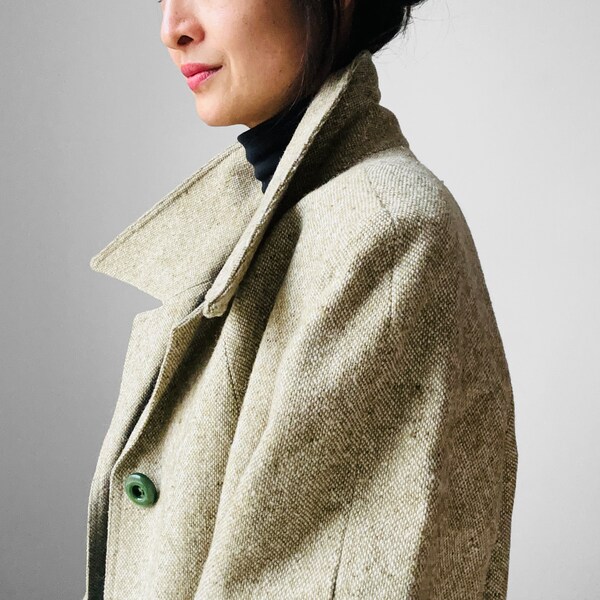 Vintage, 60s, 1960s, Sage, Green, Wool, Tweed, Mid-Weight, Overcoat - L/XL