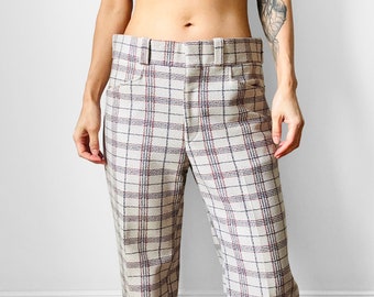 Vintage, 70s, 1970s, Off-White, Plaid, Mid-Rise, Flare Leg, Trousers - Waist 34.5