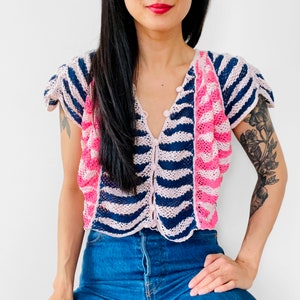 Vintage, 1970s, 70s, Pink, Blue, Stripe, Scalloped, Butterfly, Crochet, Knit, Crop, Button-Up, Top