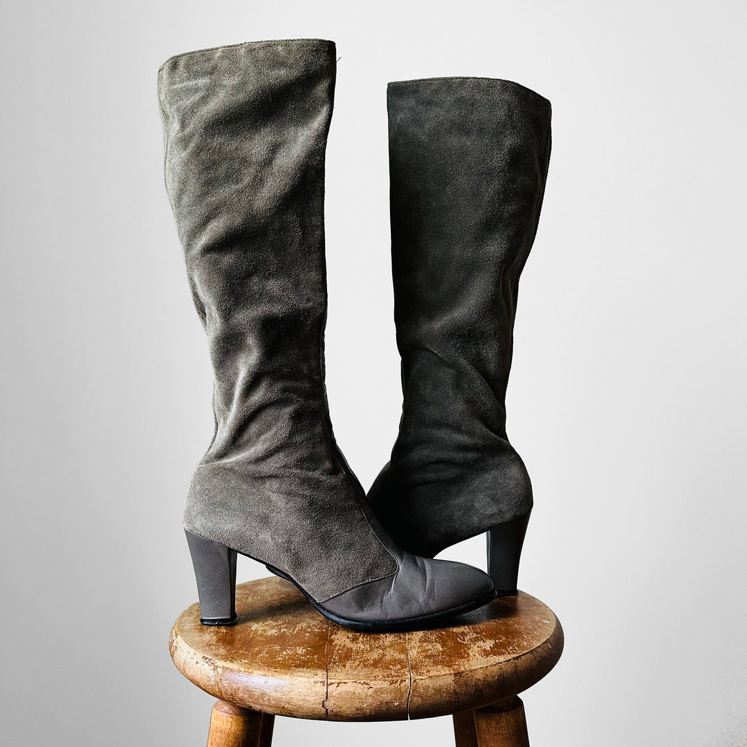 Vintage, 70s, 80s, Grey, Leather, Zip Up, Knee-high, Heeled, Boots - Etsy