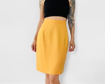 Vintage, 2000s, 00s, Y2K, Yellow, Apricot, High-Waisted, Knee-Length, Split-Back, Wool, Skirt