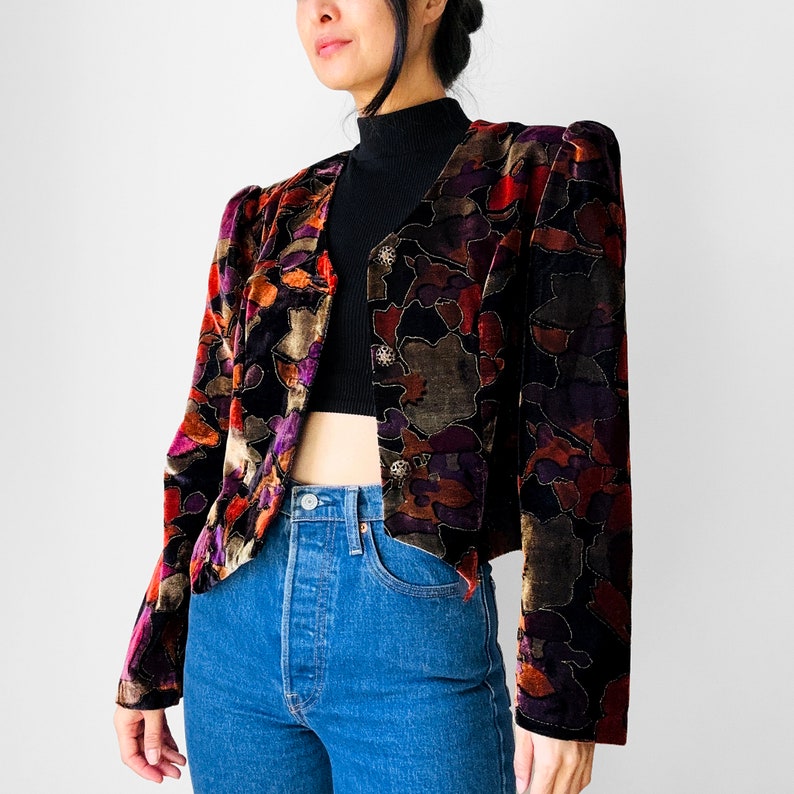 Vintage, 80s, 1980s, Black, Multi Coloured, Painterly, Textured, Velour, Crop, Jacket Sz. S/M image 6