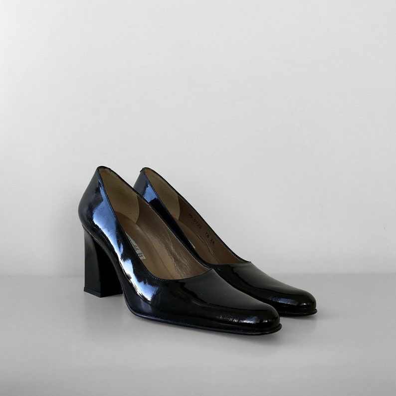 Chunky-Heel 90/'s Heeled Vintage Heels Shoe Black Shiny 1990/'s Leather Pumps Made in Spain