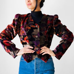 Vintage, 80s, 1980s, Black, Multi Coloured, Painterly, Textured, Velour, Crop, Jacket Sz. S/M image 4