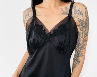 Vintage, Black, Nylon, Chiffon, Lace, Embroidered, Slip, Dress, Undergarment, Nightwear, Intimate wear, Boudoir, Lingerie