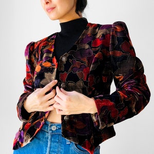 Vintage, 80s, 1980s, Black, Multi Coloured, Painterly, Textured, Velour, Crop, Jacket Sz. S/M image 2