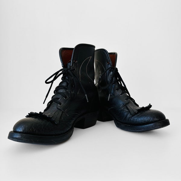 Vintage, 70s, Black, Leather, BILTRITE, Stitched, Patterned, Combat, Lace-up, Boots