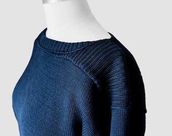 Vintage, 80s, Made in Canada, Navy, Blue, Well-Worn, Boat-Neck, Military, Naval, Style, Cotton, Knit, Sweater - Sz. S