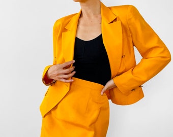 Vintage, 1980s, 80s, Amber, Yellow, 100% Silk, Pure Silk, Two-Piece, Skirt, Blazer, Made in Korea, Ensemble, Set