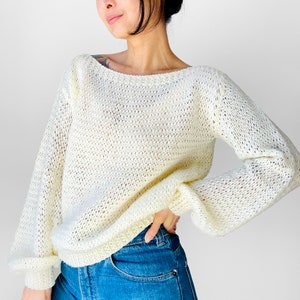 Vintage, 70s, 80s, Butter Cream, Long Sleeve, Boatneck, Acrylic, Knit, Top Sz. S image 10