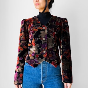 Vintage, 80s, 1980s, Black, Multi Coloured, Painterly, Textured, Velour, Crop, Jacket Sz. S/M image 3