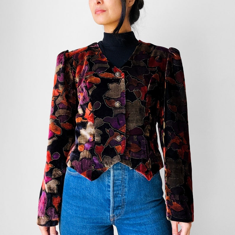 Vintage, 80s, 1980s, Black, Multi Coloured, Painterly, Textured, Velour, Crop, Jacket Sz. S/M image 3