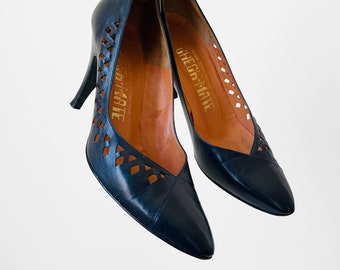 Vintage, Navy, Blue, Eyelet, Leather, High-Heel, Shoes, Heels, Pumps