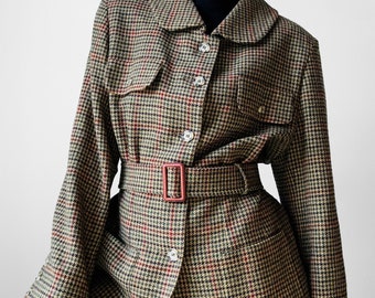 Vintage, 80s, 1980s, Irish, Wool, Houndstooth, Belted, Jacket - Sz. M/L