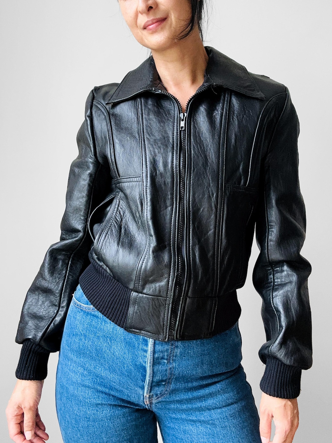 Vintage Late 20th Century 70s Style Black Zip Front Leather Biker