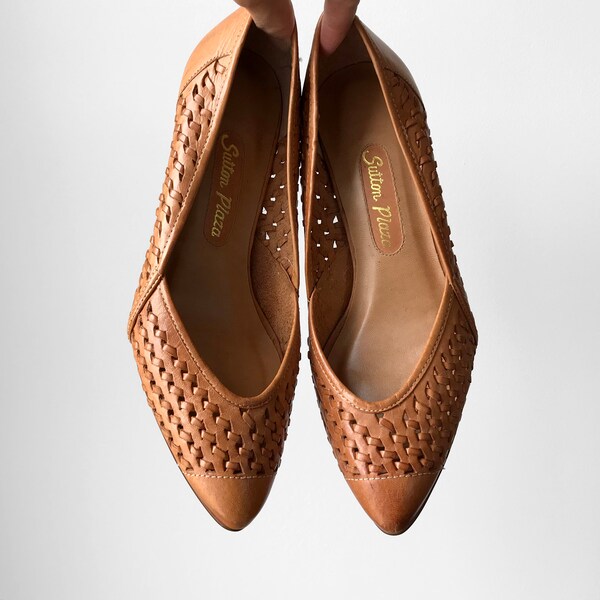 Vintage, 1960s, 1970s, Tan, Woven, Basket-Style, Low-Heeled, Pointed-Toe, Shoe, Heel, Pump