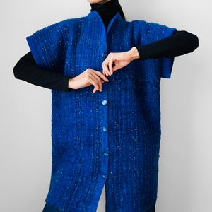 Indigo, Blue, Heavy, Loomed, Wool, Button, Front, Sleeveless, Tunic, Knit, Sweater, Cardigan image 2