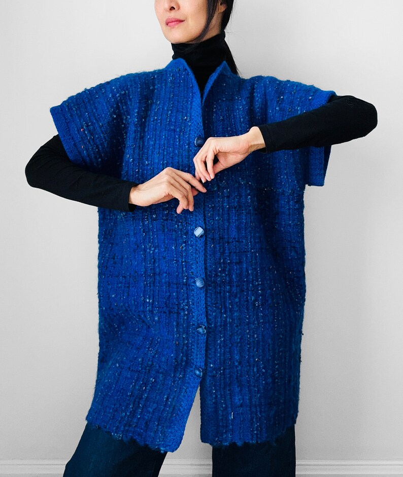 Indigo, Blue, Heavy, Loomed, Wool, Button, Front, Sleeveless, Tunic, Knit, Sweater, Cardigan image 2