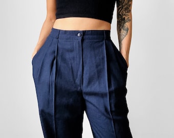 Vintage, 80s, 1980s, Dark, Navy, Blue, Pleated, High-Waisted, Tapered Leg, Trousers - Waist 26.5 - 27