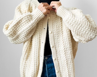 Vintage, Chunky, Cream, Handknit, Handmade, Cable-Knit, Wool, Blend, Cardigan - O/S