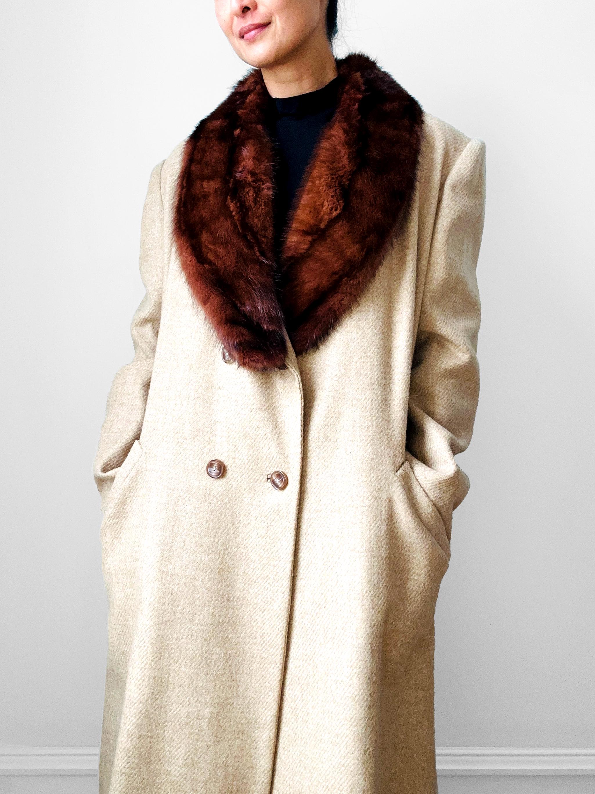 Vintage, 60s, 1960s, Light, Oatmeal, Tweed, Fur Collar