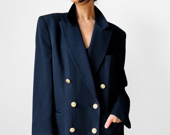 Vintage, 80s, 1980s, Navy, Blue, Double Breasted, Naval Style, Wool, Blazer, Jacket - Sz. M/L