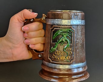 Usuable Green dragon mug with metal cup, dragon shire inn Bree Tolkiens, ornaments, decor, birthday, gift, christmas