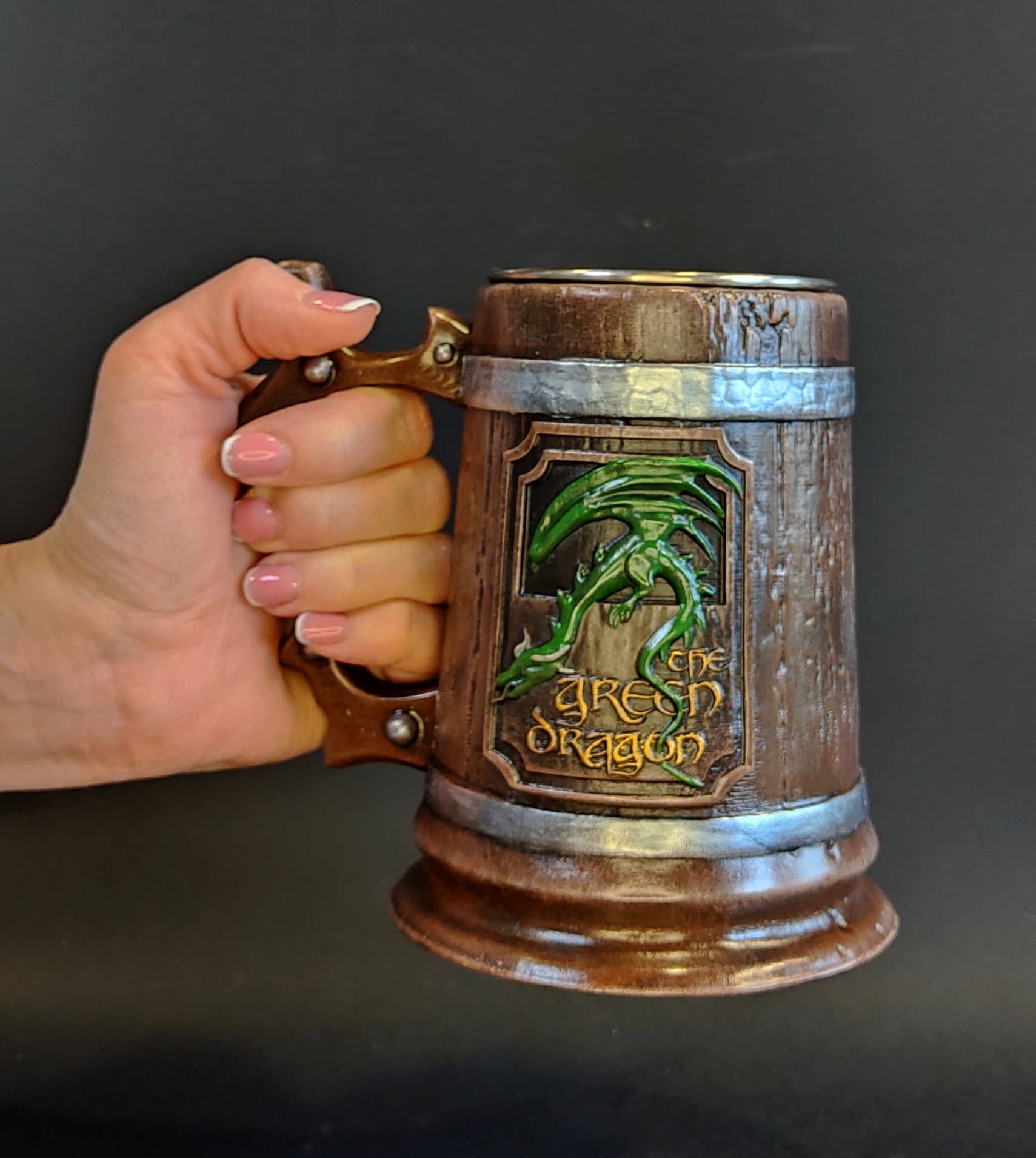 Usuable Green Dragon Mug With Metal Cup, Dragon Shire Inn Bree