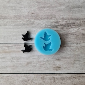 Può includere: Uno stampo in silicone azzurro con due impronte di uccelli, accanto a due abbellimenti neri a forma di uccello. Lo stampo è rotondo e gli uccelli sono in volo. Lo sfondo è una venatura del legno chiaro.