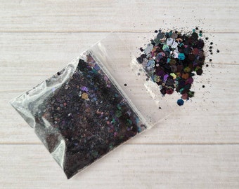 Black holographic chunky glitter mix, glitter for resin, glitter confetti, resin supply, cosmetic glitter, arts and crafts glitter