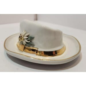 Vintage Dresden Porcelain Hat Figurine: Gold Trim Floral Decor