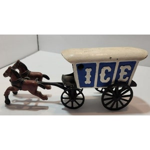Vintage Cast Iron Ice Wagon with Pair of Brown Horses Wheels Move