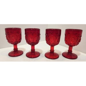 Vintage L E Smith Ruby Red Glass Moon and Stars Wine Glasses 4.5" Set of 4
